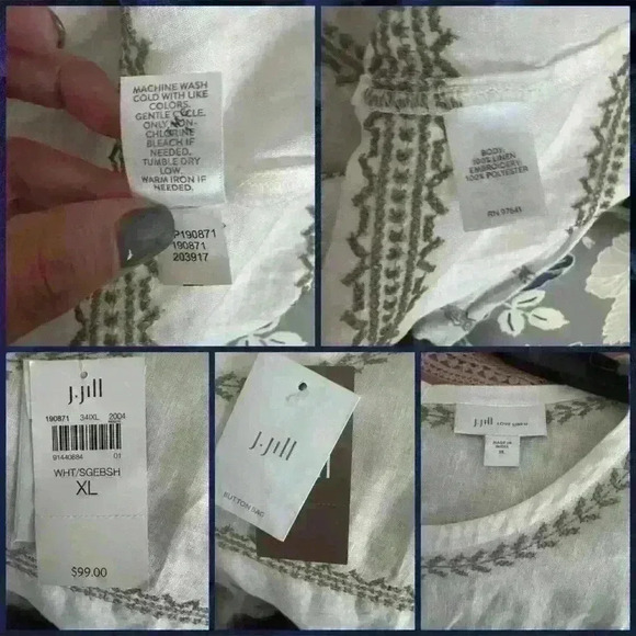 J. Jill Embroidered 100% Linen Blouse - White/Beige, Size XL, NWT - Picture 2 of 3